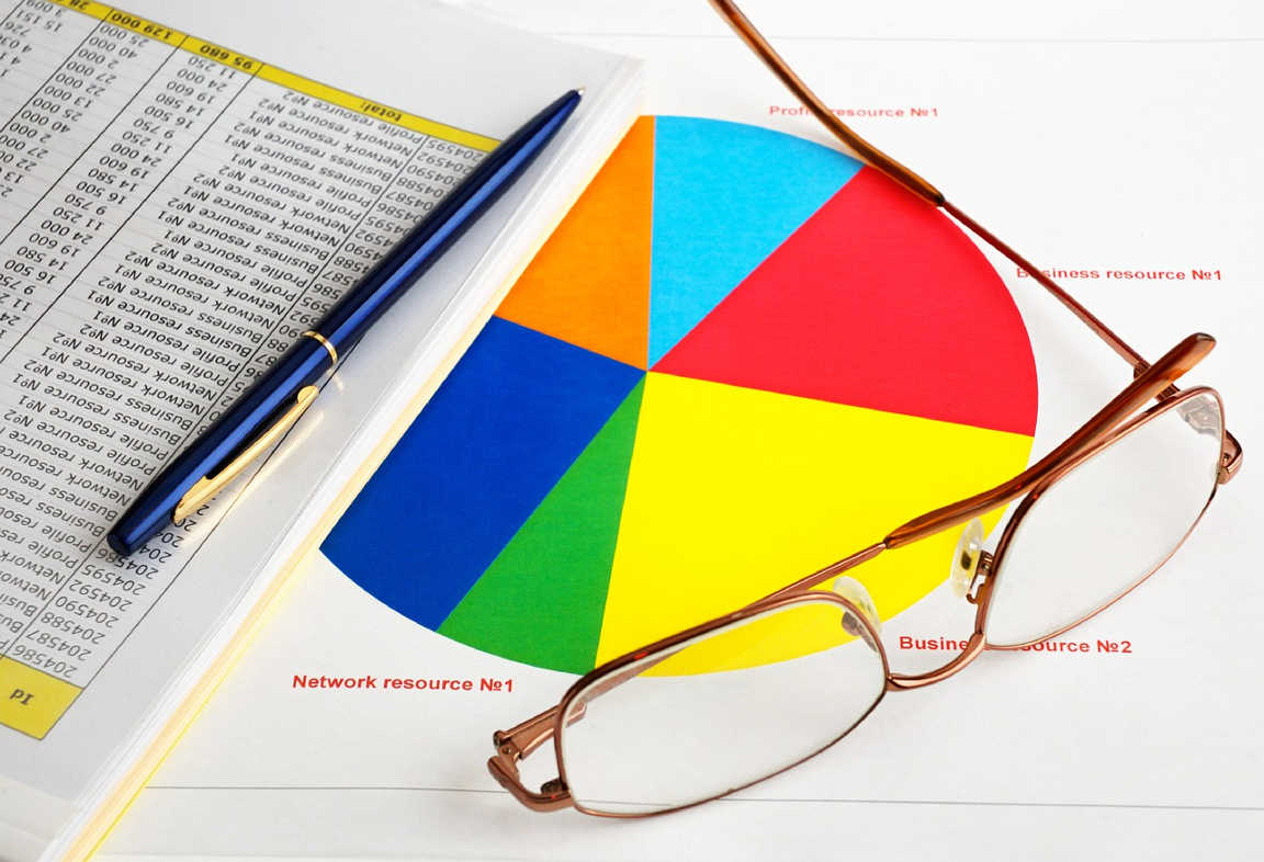 Pie chart and spreadsheet with pen and glasses